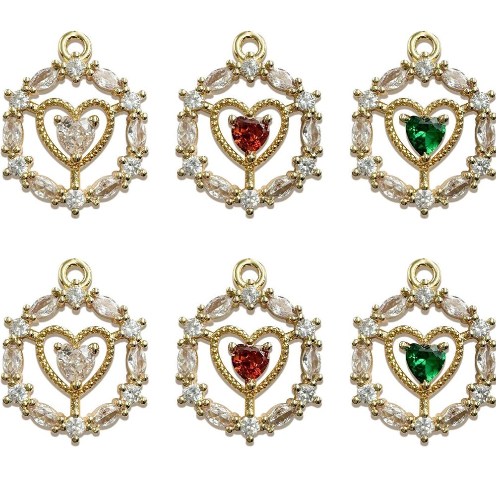 9599 6Pcs Wreath Heart Charms Mix Crystal Zircon Rhinestone Pendants Gold